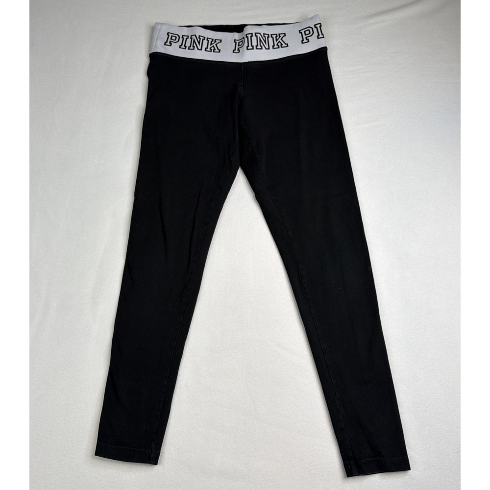 PINK Victoria's Secret Yoga Leggings Women's Black Logo Waistband Size M